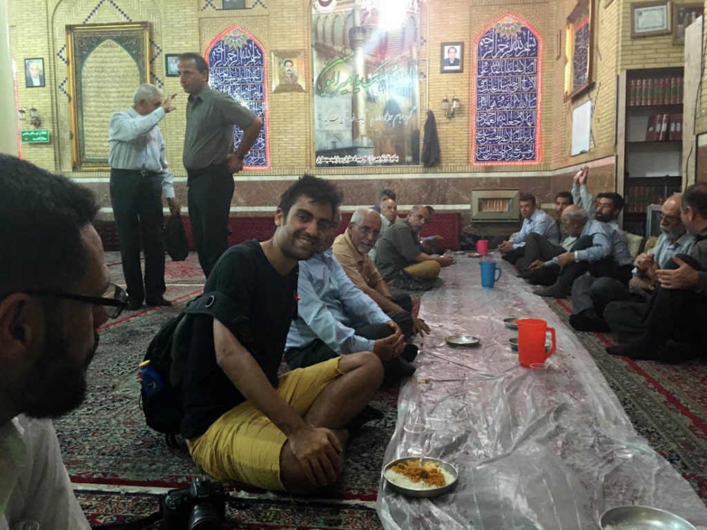 Having dinner at a shia mosque in Shiraz, Iran