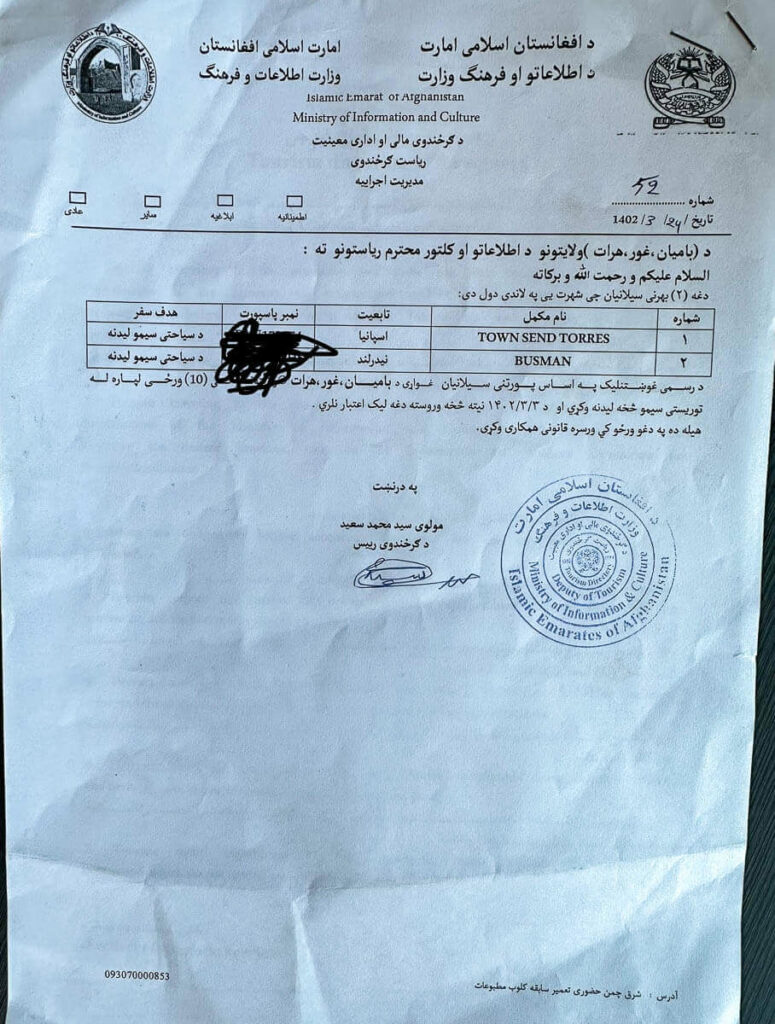 Permit for traveling in Afghanistan