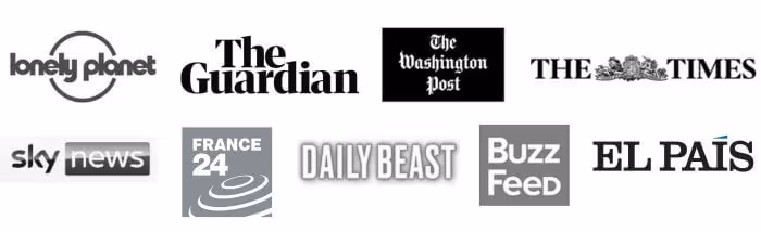 List of publication's logos including Lonely Planet, The Guardian, The Washington Post, The Times, Sky News, France 24, Daily Beast, Buzz Feed, and El Pais